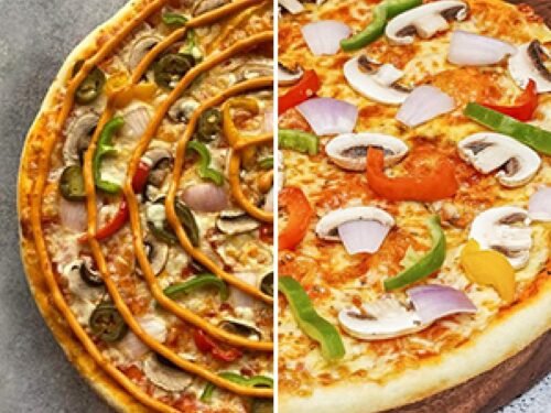 Half N Half Veg Pizza: two pizzas, half and half