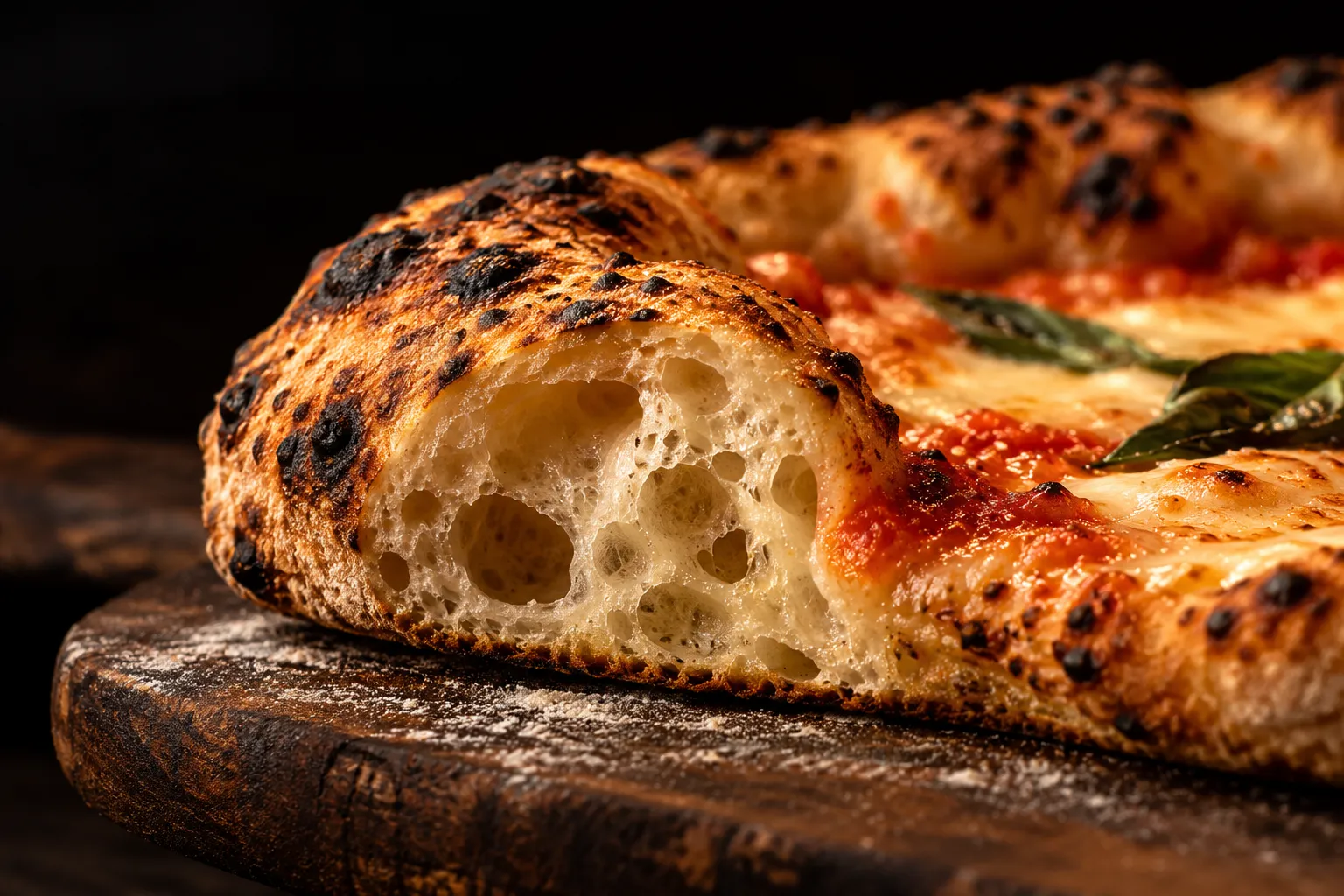 Open crumb of a stone baked sourdough pizza crust